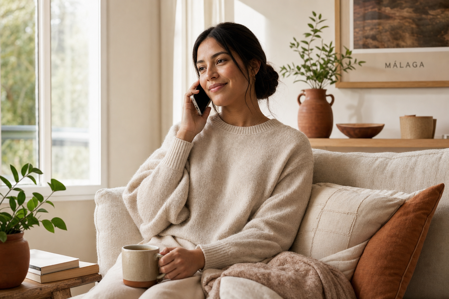 A patient on a phone call from her sunlit living room — representing the grounded, unhurried care Makell offers.