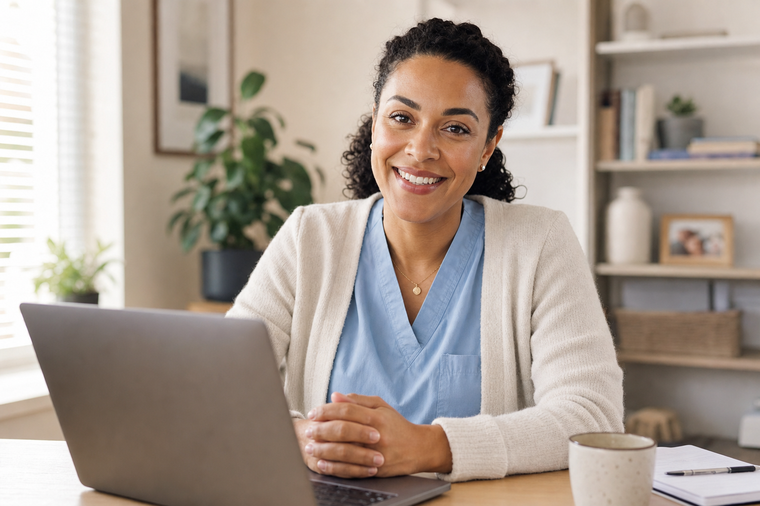 A Makell nurse practitioner smiles during a telehealth consultation from a warm home office.