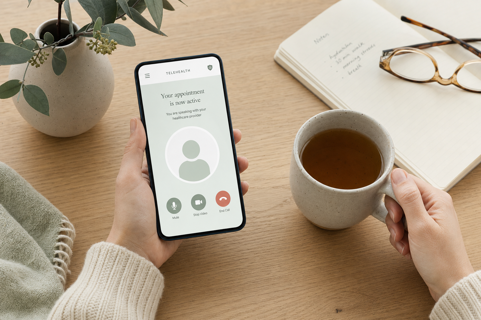 A person holds a phone showing a telehealth appointment while cradling a warm mug of tea.