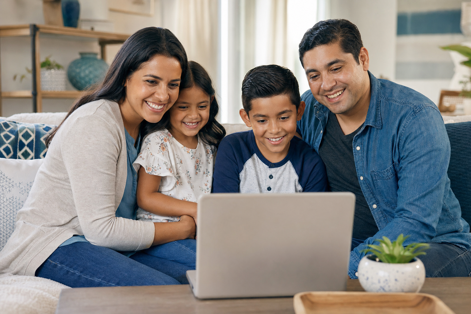 A Mexican American family of four gathers around a laptop for a telehealth visit.