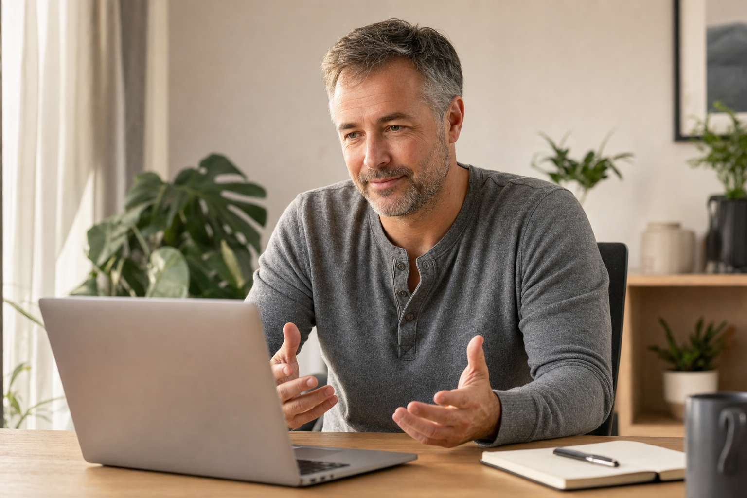 A middle-aged man consults with a Makell clinician from his home desk.