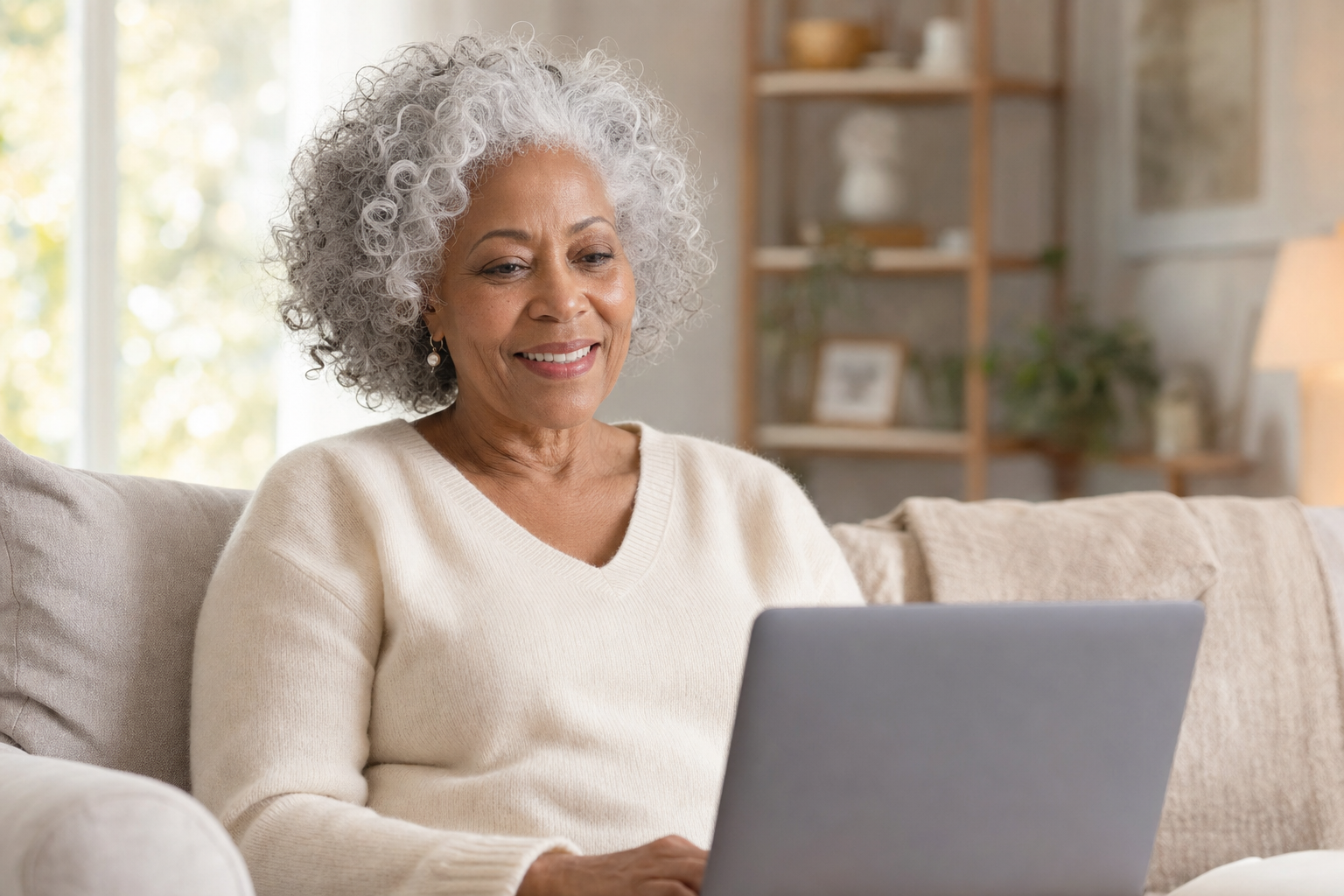 A Black woman in her late 60s smiles during a telehealth visit from her living room.